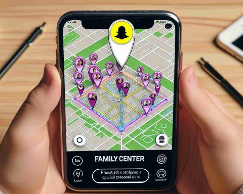 An HD photo realistically illustrating the Family Center feature on Snapchat, emphasizing its location tracking capabilities. The image should focus on the mobile application interface, showcasing a digital map with location pins and user icons. It may also feature hands holding a smartphone where this application is open, to add depth to the illustration. Please abstain from displaying specific personal data to maintain privacy.