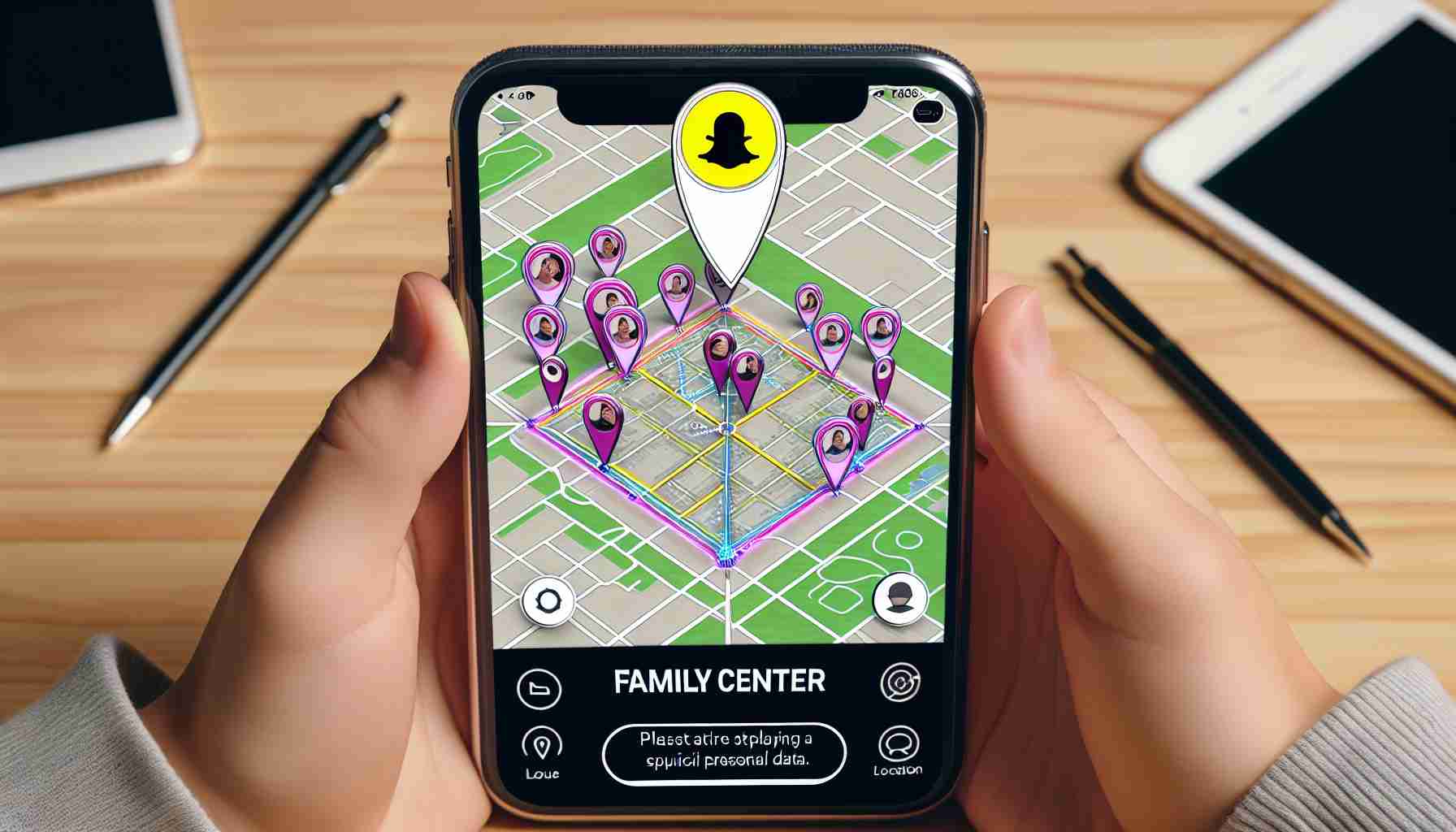 An HD photo realistically illustrating the Family Center feature on Snapchat, emphasizing its location tracking capabilities. The image should focus on the mobile application interface, showcasing a digital map with location pins and user icons. It may also feature hands holding a smartphone where this application is open, to add depth to the illustration. Please abstain from displaying specific personal data to maintain privacy.