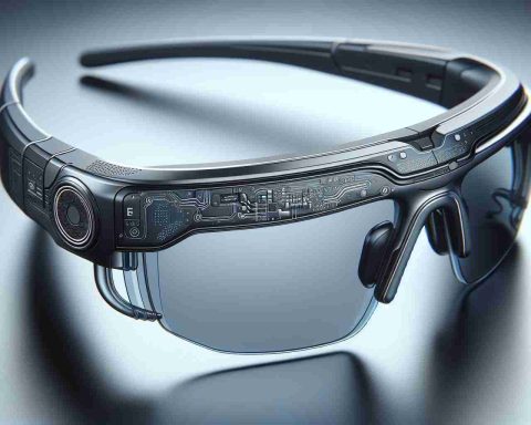 A detailed, high-definition image of a pair of smart glasses representing the latest frontier in wearable technology. These glasses have a sleek modern design and incorporate advanced technological features such as a miniature embedded display, intricate wiring, and voice command functionality. The logo or brand name is not visible to maintain neutrality.