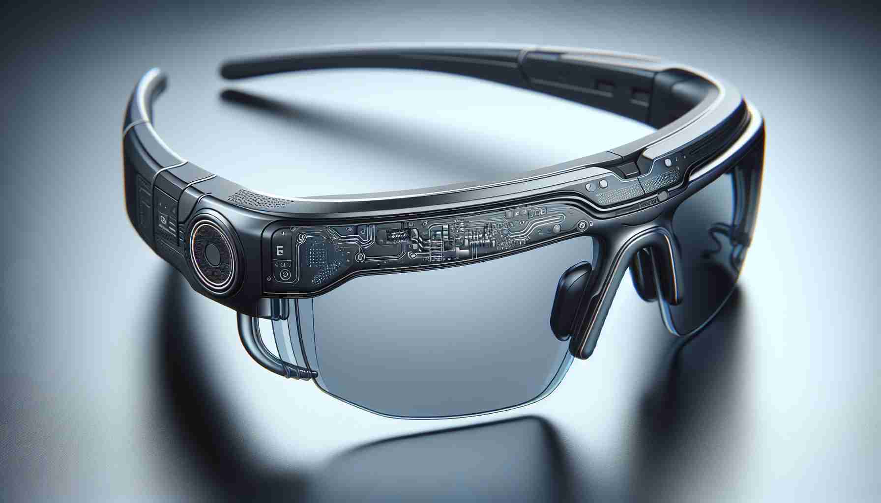 A detailed, high-definition image of a pair of smart glasses representing the latest frontier in wearable technology. These glasses have a sleek modern design and incorporate advanced technological features such as a miniature embedded display, intricate wiring, and voice command functionality. The logo or brand name is not visible to maintain neutrality.