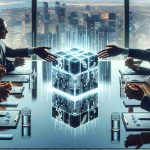 Realistically detailed image of a fictitious event where a tech company conducts a significant share sale to an abstract international conglomerate, represented by a physical exchange of shares depicted as symbolic cubes lit up with technological patterns, placed on a polished table within a meeting room with panoramic views of the skyline. Highlight the subtle expressions of satisfaction and strategic thinking on the faces of the executives involved.