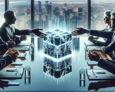 Realistically detailed image of a fictitious event where a tech company conducts a significant share sale to an abstract international conglomerate, represented by a physical exchange of shares depicted as symbolic cubes lit up with technological patterns, placed on a polished table within a meeting room with panoramic views of the skyline. Highlight the subtle expressions of satisfaction and strategic thinking on the faces of the executives involved.