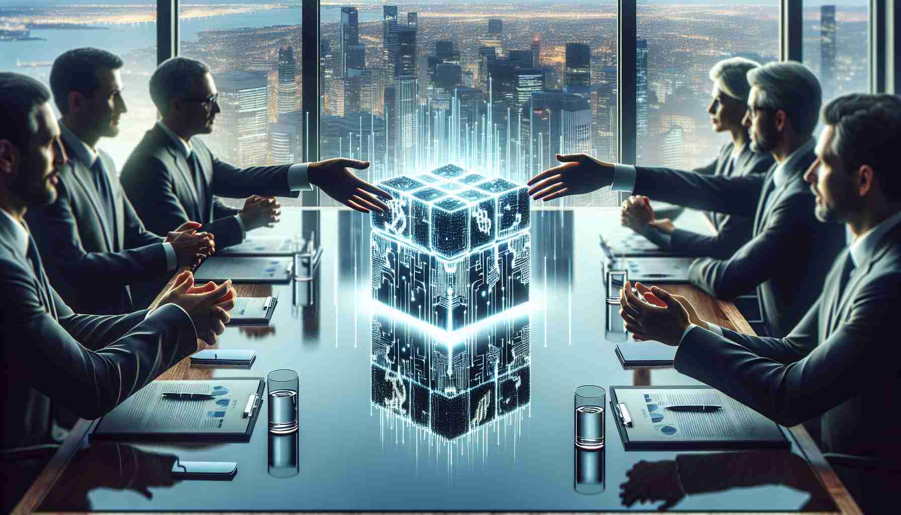 Realistically detailed image of a fictitious event where a tech company conducts a significant share sale to an abstract international conglomerate, represented by a physical exchange of shares depicted as symbolic cubes lit up with technological patterns, placed on a polished table within a meeting room with panoramic views of the skyline. Highlight the subtle expressions of satisfaction and strategic thinking on the faces of the executives involved.