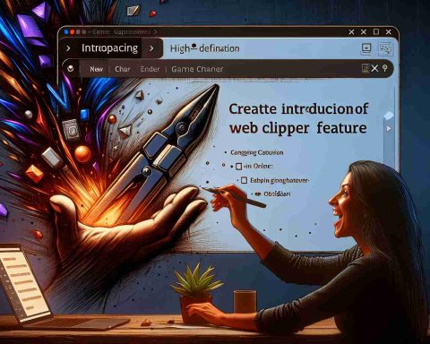 Create a high-definition image showcasing the introduction of a Web Clipper feature in a digital tool. The scene should emphasize the new feature as a game changer for users. It may include a detailed representation of the interface with the new feature highlighted, possibly being used by an excited Caucasian female user on her laptop. The color palette of the scene is inspired by obsidian; rich, dark hues of black, with occasional streaks of radiant colors signifying the impact of the new feature.