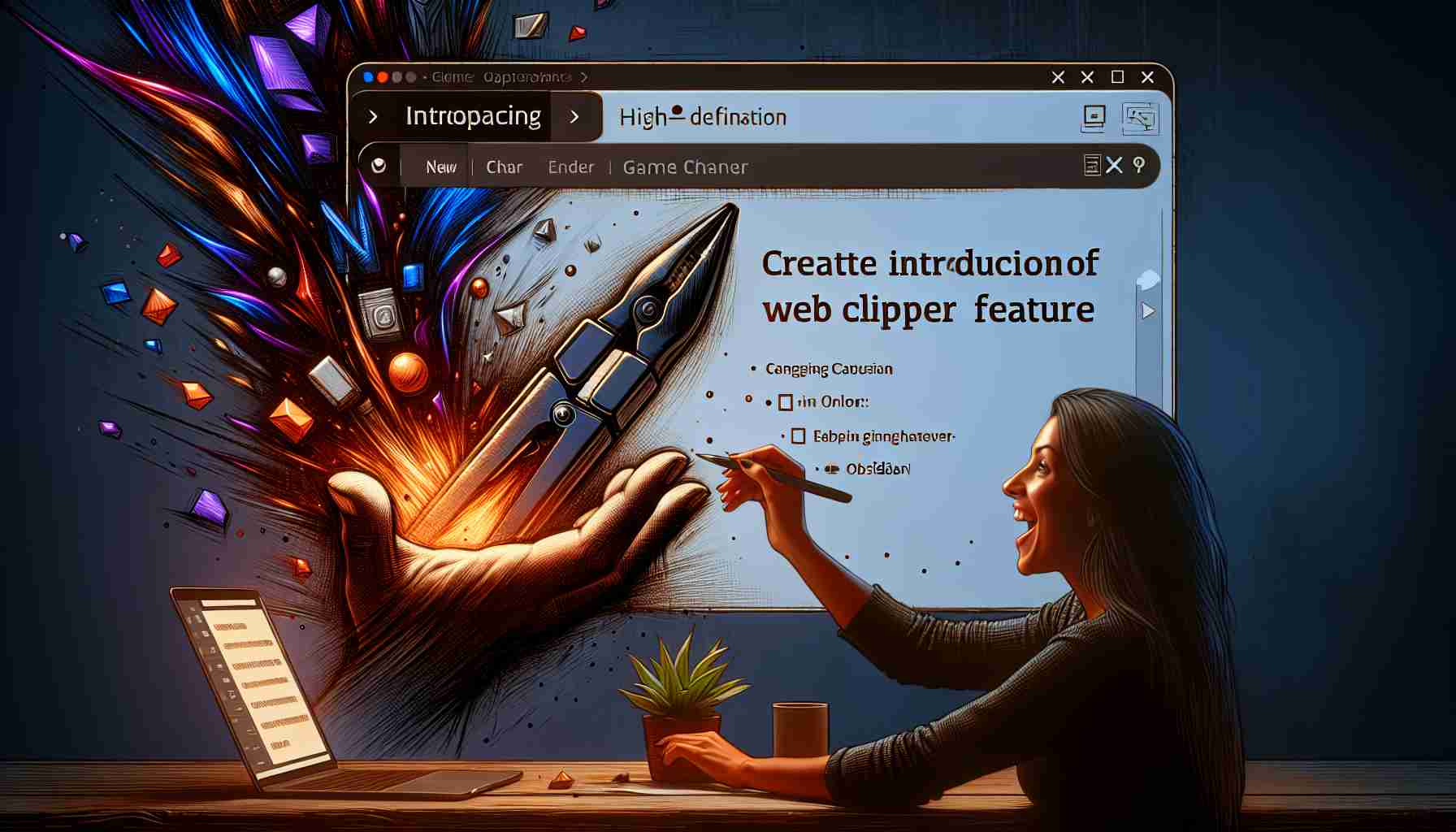 Create a high-definition image showcasing the introduction of a Web Clipper feature in a digital tool. The scene should emphasize the new feature as a game changer for users. It may include a detailed representation of the interface with the new feature highlighted, possibly being used by an excited Caucasian female user on her laptop. The color palette of the scene is inspired by obsidian; rich, dark hues of black, with occasional streaks of radiant colors signifying the impact of the new feature.