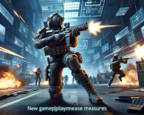 Realistic high-definition visual of new gameplay measures in a generic first-person shooter video game, showcasing a high-intensity combat scene with potential disruptive elements. The image should capture the captivating visuals, dynamic interaction between virtual characters, and the tactical strategies employed within the game. The environment is digitally created, representing a modern warfare scene. The characters are fully equipped with advanced armor and weaponry, signifying the high stakes of the combat scenario.