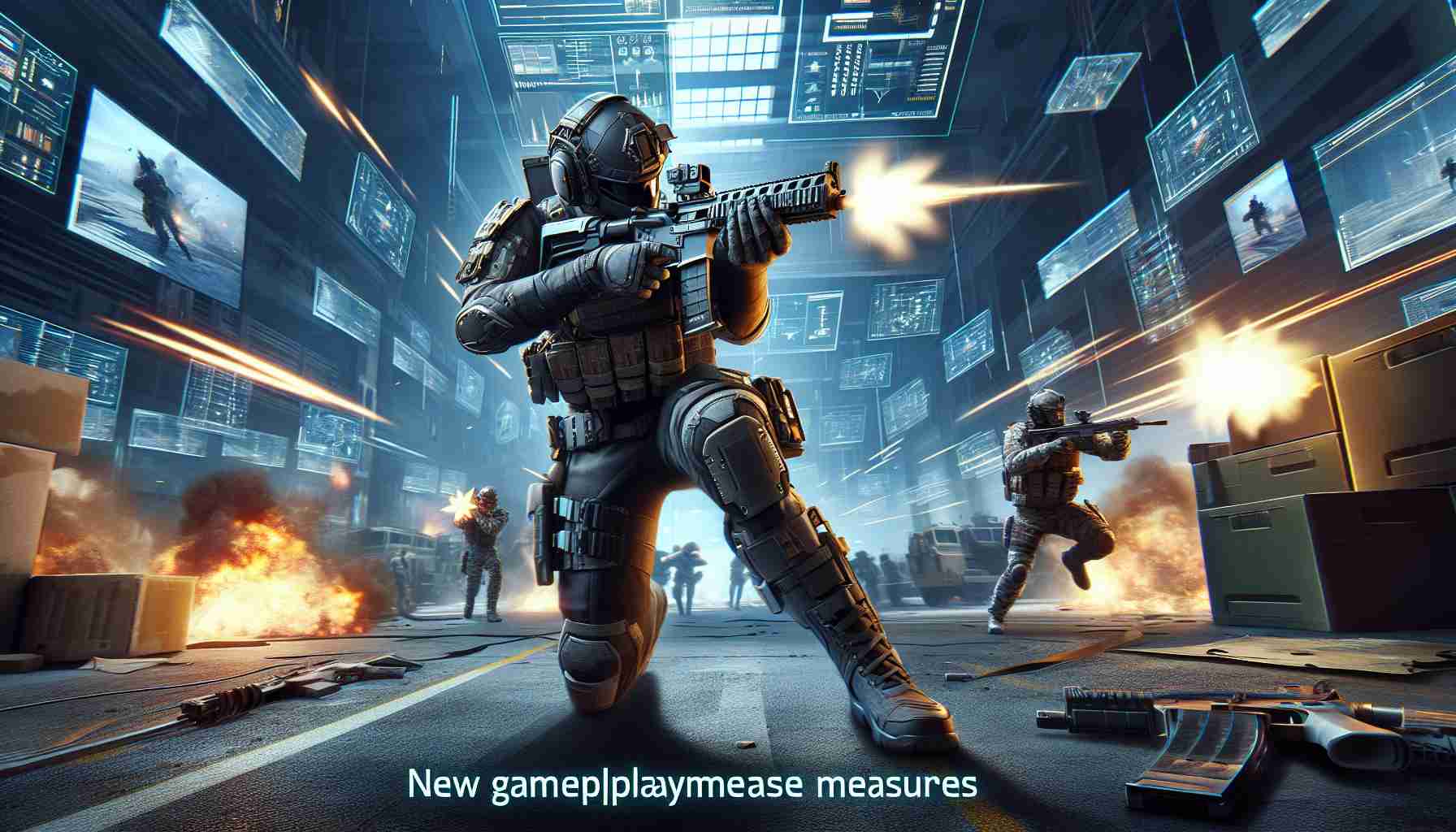 Realistic high-definition visual of new gameplay measures in a generic first-person shooter video game, showcasing a high-intensity combat scene with potential disruptive elements. The image should capture the captivating visuals, dynamic interaction between virtual characters, and the tactical strategies employed within the game. The environment is digitally created, representing a modern warfare scene. The characters are fully equipped with advanced armor and weaponry, signifying the high stakes of the combat scenario.