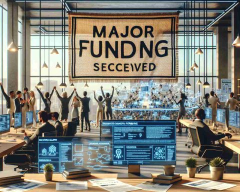 Generate a high-definition realistic image of a scene at an innovative startup that specializes in artificial intelligence-driven robotics. This scene should represent a significant moment of financial accomplishment, possibly shown by a woven banner stating 'Major Funding Secured.' The location could be infused with an atmosphere of celebration, with documents indicating investor agreements scattered on a modern desk and signs of high-tech robotics components visible in the background. Also include imagery suggesting diversity in its workforce, such as a Black woman celebrating with colleagues and a Middle-Eastern man discussing details on a screen.