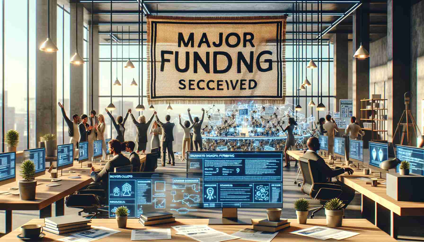 Generate a high-definition realistic image of a scene at an innovative startup that specializes in artificial intelligence-driven robotics. This scene should represent a significant moment of financial accomplishment, possibly shown by a woven banner stating 'Major Funding Secured.' The location could be infused with an atmosphere of celebration, with documents indicating investor agreements scattered on a modern desk and signs of high-tech robotics components visible in the background. Also include imagery suggesting diversity in its workforce, such as a Black woman celebrating with colleagues and a Middle-Eastern man discussing details on a screen.