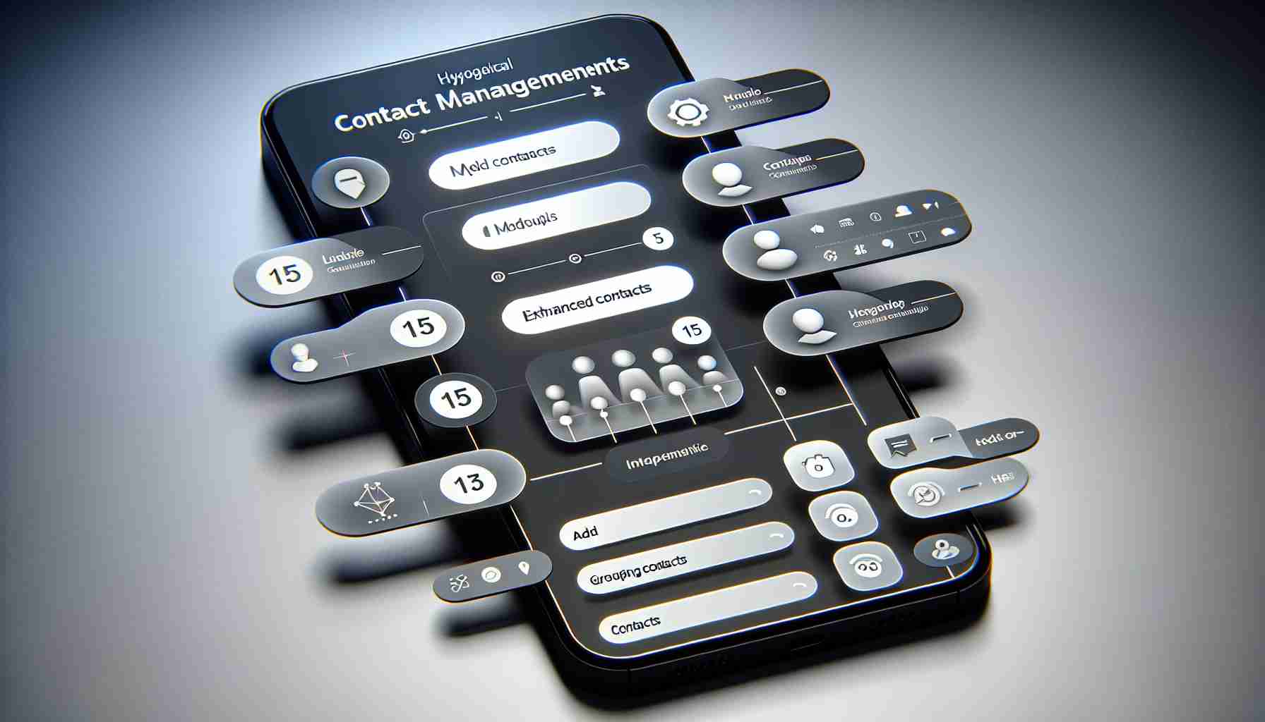 Create a hyper-realist high-definition digital representation of a new feature in the hypothetical Android 15 operating system, specifically showcasing enhanced contact management features. The interface should be intuitive, showcasing a modern and minimalistic design aesthetic typical of Android systems. Display a variety of functions such as adding a new contact, grouping contacts, and searching for a specific person.