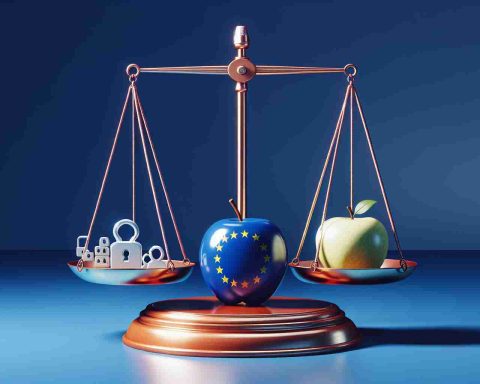 Generate a high-definition, realistic image that symbolically represents the challenges that the European Union is posing to a major technology company regarding content accessibility. This could include a balanced scale with a European Union flag on one side, and an apple (fruit) representing the tech company on the other. On the scale, there could be various icons representing content access, such as a lock, a magnifying glass or a globe. Please exclude any specific company logos or identifiable symbols from the image.