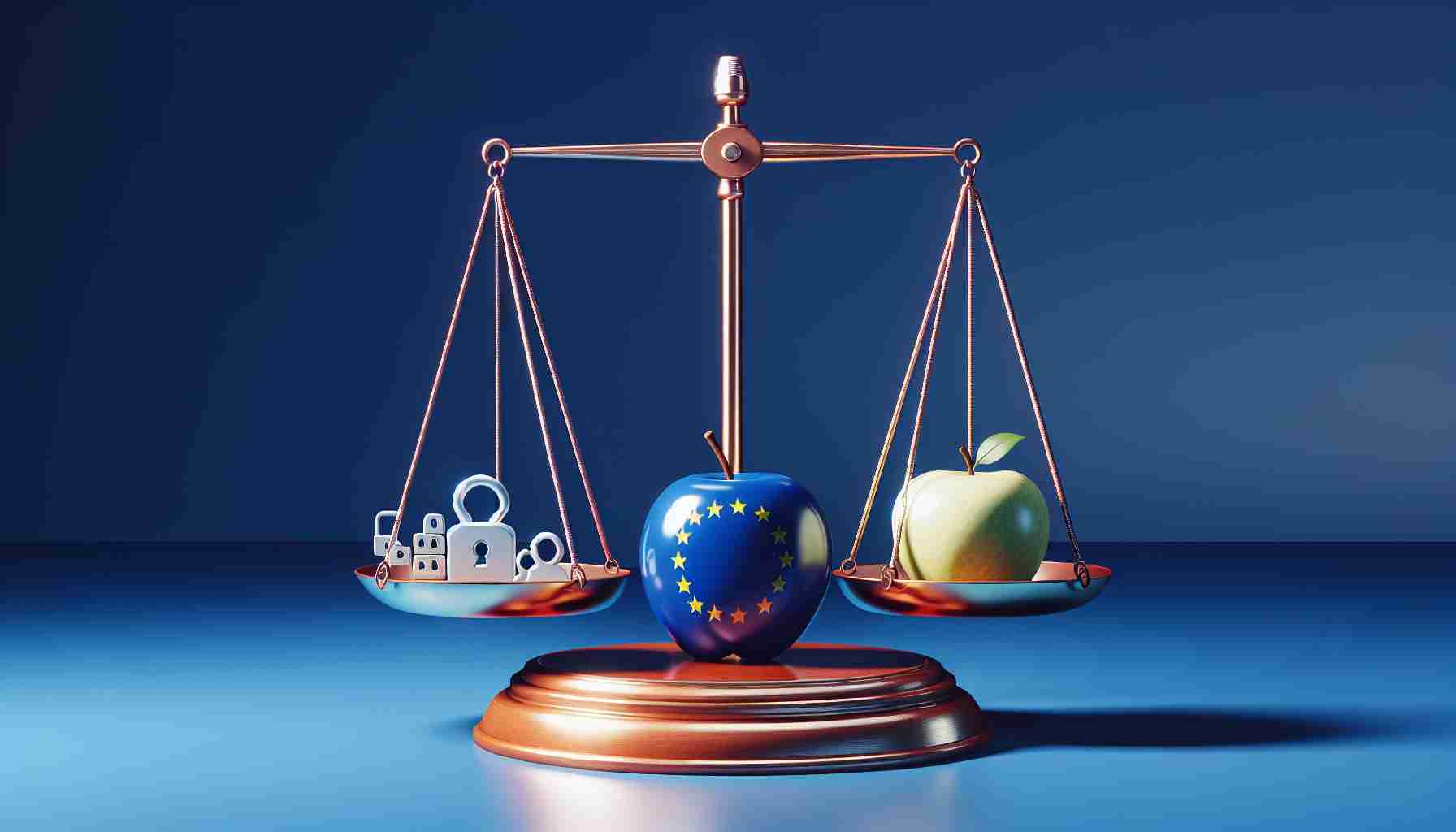 Generate a high-definition, realistic image that symbolically represents the challenges that the European Union is posing to a major technology company regarding content accessibility. This could include a balanced scale with a European Union flag on one side, and an apple (fruit) representing the tech company on the other. On the scale, there could be various icons representing content access, such as a lock, a magnifying glass or a globe. Please exclude any specific company logos or identifiable symbols from the image.