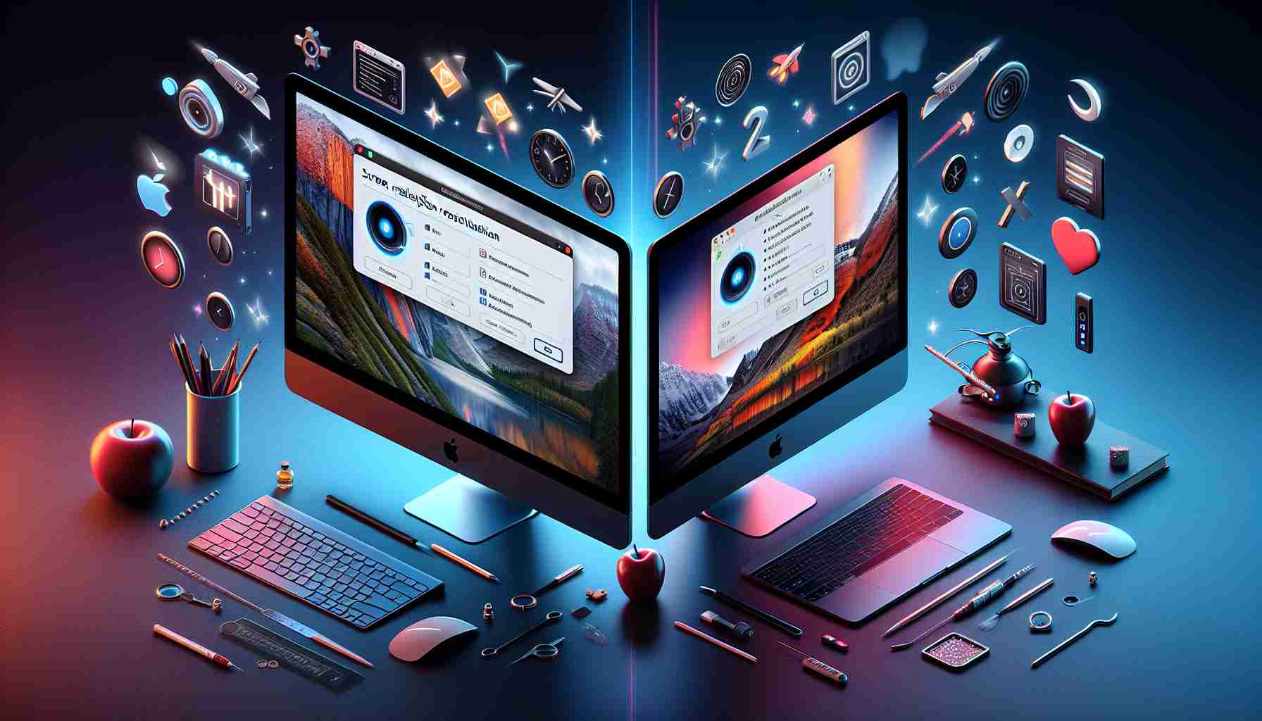 High-definition, realistic illustration depicting the process of resolving screen resolution issues between Apple Mac computers. Show two Mac computers side by side, with the screens displaying different resolution settings. On one screen, depict a user interface pop-up showing resolution adjustment options. On the other, depict a crystal-clear display signifying the corrected resolution. Symbols and icons for troubleshooting and technical assistance can be present on the surroundings to further signify the theme of resolution troubleshooting.