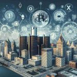 Generate a realistic high-definition image depicting the adoption of cryptocurrency for tax payments in a large, industrial city. Include visuals of digital currency symbols, like Bitcoin or Ethereum, intermixed with traditional symbols of finance and taxation. The city should have elements characteristic to Detroit, such as its downtown skyline featuring juxtaposition of historic and modern architecture, the Detroit River, and maybe hints of its automotive industry. Avoid actual logos or branding.