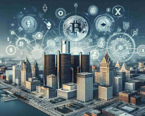 Generate a realistic high-definition image depicting the adoption of cryptocurrency for tax payments in a large, industrial city. Include visuals of digital currency symbols, like Bitcoin or Ethereum, intermixed with traditional symbols of finance and taxation. The city should have elements characteristic to Detroit, such as its downtown skyline featuring juxtaposition of historic and modern architecture, the Detroit River, and maybe hints of its automotive industry. Avoid actual logos or branding.