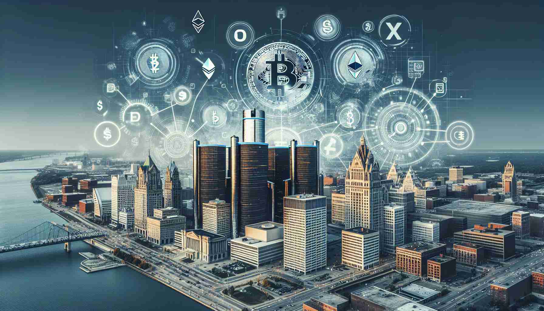 Generate a realistic high-definition image depicting the adoption of cryptocurrency for tax payments in a large, industrial city. Include visuals of digital currency symbols, like Bitcoin or Ethereum, intermixed with traditional symbols of finance and taxation. The city should have elements characteristic to Detroit, such as its downtown skyline featuring juxtaposition of historic and modern architecture, the Detroit River, and maybe hints of its automotive industry. Avoid actual logos or branding.