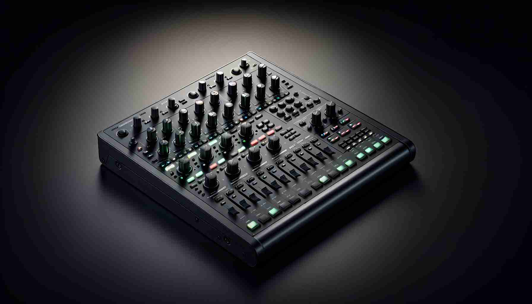 Generate a hyper-realistic, high-definition image of an innovative MIDI controller built to simplify the process of music creation. The MIDI controller should possess an ergonomic design, be equipped with numerous dials, sliders, and buttons in a well-arranged layout. It should have a sleek, modern aesthetic, perhaps with a glossy black surface and glowing LED backlit pads suitable for a high-tech home studio setup. As a juxtaposition to its modern look, it should also feature some retro design elements mimicking classic synth machines or vintage music production equipment.