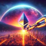 Realistic high definition illustration that metaphorically represents a new dawn for Ethereum, showing a vivid sunrise with hues of orange and pink stretching across a vast sky, enveloping a digital cityscape that's symbolic of the cryptocurrency network. In the foreground, a proposed concept of Beam Chain, depicted as a strong and massive chain glowing with a bright light.