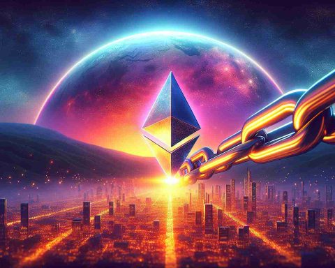 Realistic high definition illustration that metaphorically represents a new dawn for Ethereum, showing a vivid sunrise with hues of orange and pink stretching across a vast sky, enveloping a digital cityscape that's symbolic of the cryptocurrency network. In the foreground, a proposed concept of Beam Chain, depicted as a strong and massive chain glowing with a bright light.