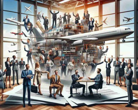 A realistic high-definition image of the metaphorical representation of Vertical Aerospace securing vital funding to avoid bankruptcy. Picture this as a business office setting, perhaps with a diverse group of business people, of various descents such as Caucasian, Hispanic, Black, and South Asian, both male and female, partaking in a celebratory mood. The scene could include documents symbolizing the funding agreement being signed, saving the company from the brink of bankruptcy. A complex multi-layered image that tells a story of triumph in adversity, resilience and determination.