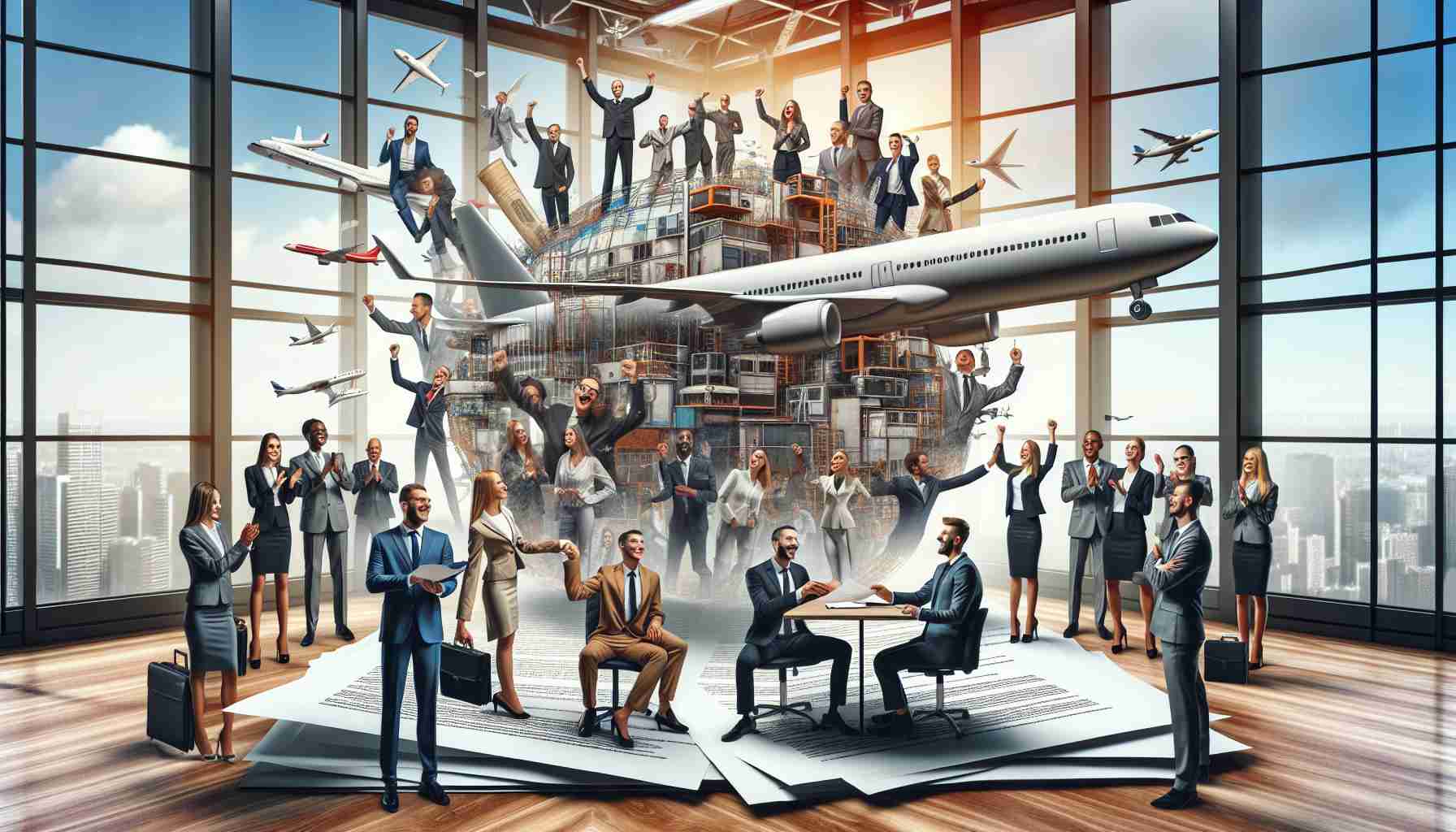 A realistic high-definition image of the metaphorical representation of Vertical Aerospace securing vital funding to avoid bankruptcy. Picture this as a business office setting, perhaps with a diverse group of business people, of various descents such as Caucasian, Hispanic, Black, and South Asian, both male and female, partaking in a celebratory mood. The scene could include documents symbolizing the funding agreement being signed, saving the company from the brink of bankruptcy. A complex multi-layered image that tells a story of triumph in adversity, resilience and determination.