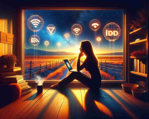 Generate a hyper-realistic, high-definition image of a scenery indicating internet options in Idaho. The scene could include the silhouette of a South Asian woman sitting casually in her home, her laptop open with various logos representing different internet providers hovering near the screen. Outside her window, depict the vast rural landscape of Idaho in the evening light with shimmers of the setting sun. On the table, a mug steaming with hot coffee to portray the calmness of an evening in Idaho.