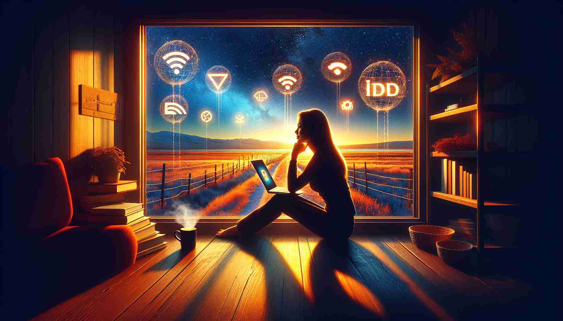 Generate a hyper-realistic, high-definition image of a scenery indicating internet options in Idaho. The scene could include the silhouette of a South Asian woman sitting casually in her home, her laptop open with various logos representing different internet providers hovering near the screen. Outside her window, depict the vast rural landscape of Idaho in the evening light with shimmers of the setting sun. On the table, a mug steaming with hot coffee to portray the calmness of an evening in Idaho.