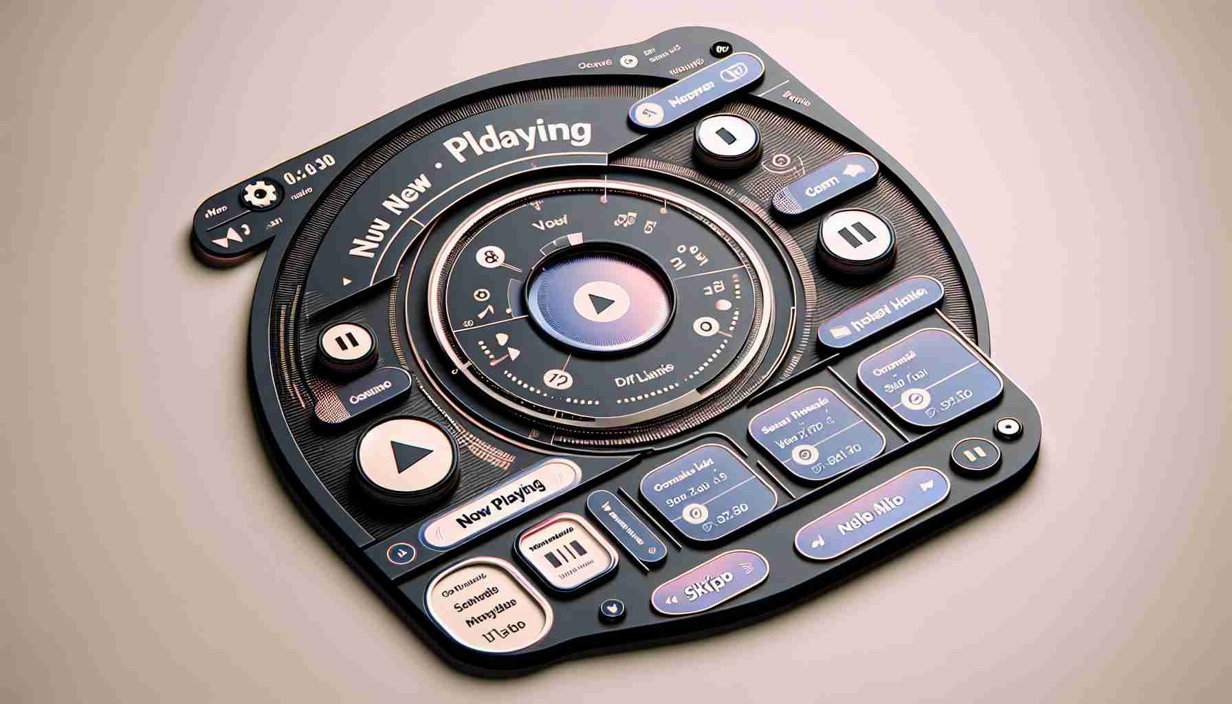 Create a detailed, high definition representation of a hypothetical updated interface for a video sharing platform's music function. The design features the 'Now Playing' section in focus, with a modern, user-friendly layout. It includes prominent controls for play, pause, skip, and rewind, alongside an available song list and information on the currently playing song.