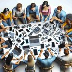 A realistic high-definition image of a community gathering. Several individuals are huddled around a table covered in various gadgets and tech items. They're animatedly discussing and analyzing these devices. Some of them are working on laptops, while a few others are holding tablets, showing the enthusiasm for technology. Make sure to include diverse representation in terms of gender and descent, specifically feature Caucasian, Hispanic, Black, Middle-Eastern, South Asian individuals on the scene.