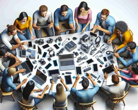 A realistic high-definition image of a community gathering. Several individuals are huddled around a table covered in various gadgets and tech items. They're animatedly discussing and analyzing these devices. Some of them are working on laptops, while a few others are holding tablets, showing the enthusiasm for technology. Make sure to include diverse representation in terms of gender and descent, specifically feature Caucasian, Hispanic, Black, Middle-Eastern, South Asian individuals on the scene.