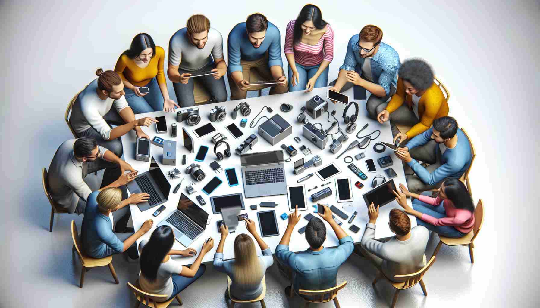 A realistic high-definition image of a community gathering. Several individuals are huddled around a table covered in various gadgets and tech items. They're animatedly discussing and analyzing these devices. Some of them are working on laptops, while a few others are holding tablets, showing the enthusiasm for technology. Make sure to include diverse representation in terms of gender and descent, specifically feature Caucasian, Hispanic, Black, Middle-Eastern, South Asian individuals on the scene.