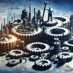 High-definition image illustrating a metaphorical representation of a major authority imposing modifications onto a giant tech company's market dominance. Depict an enormous, symbolic mechanism, perhaps in the form of gears or a machine, implying the comprehensive tech scene. The symbol of authority could be an imposing figure who is seen making significant adjustments to this setup, possibly with tools like a wrench or screwdriver. It should maintain the notion that the figure governing is attempting to regulate the control these large tech entities hold.