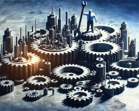 High-definition image illustrating a metaphorical representation of a major authority imposing modifications onto a giant tech company's market dominance. Depict an enormous, symbolic mechanism, perhaps in the form of gears or a machine, implying the comprehensive tech scene. The symbol of authority could be an imposing figure who is seen making significant adjustments to this setup, possibly with tools like a wrench or screwdriver. It should maintain the notion that the figure governing is attempting to regulate the control these large tech entities hold.