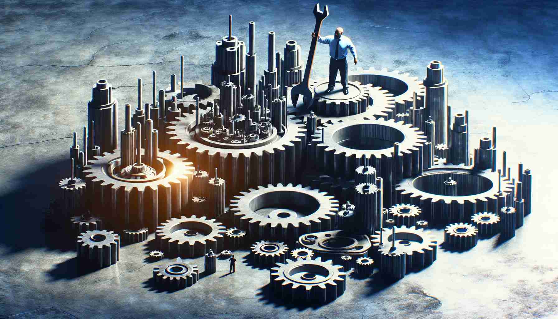 High-definition image illustrating a metaphorical representation of a major authority imposing modifications onto a giant tech company's market dominance. Depict an enormous, symbolic mechanism, perhaps in the form of gears or a machine, implying the comprehensive tech scene. The symbol of authority could be an imposing figure who is seen making significant adjustments to this setup, possibly with tools like a wrench or screwdriver. It should maintain the notion that the figure governing is attempting to regulate the control these large tech entities hold.