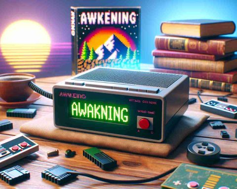 A high-quality, realistic depiction of Awakening: A vintage game-inspired alarm clock experience. The image should feature a tabletop alarm clock designed with a nostalgic, pixelated aesthetic similar to classic 8-bit game consoles. The background should be vivid with daylight imagery signifying 'awakening'. The alarm clock should display time and also a mini-game interface to show the Alarmo experience. Surround the alarm clock with common gaming paraphernalia of the retro era, such as wired controllers, cartridges, and worn-out strategy guides. Please note that this is an interpretation of a classic gaming experience and not a depiction of any specific branded products.