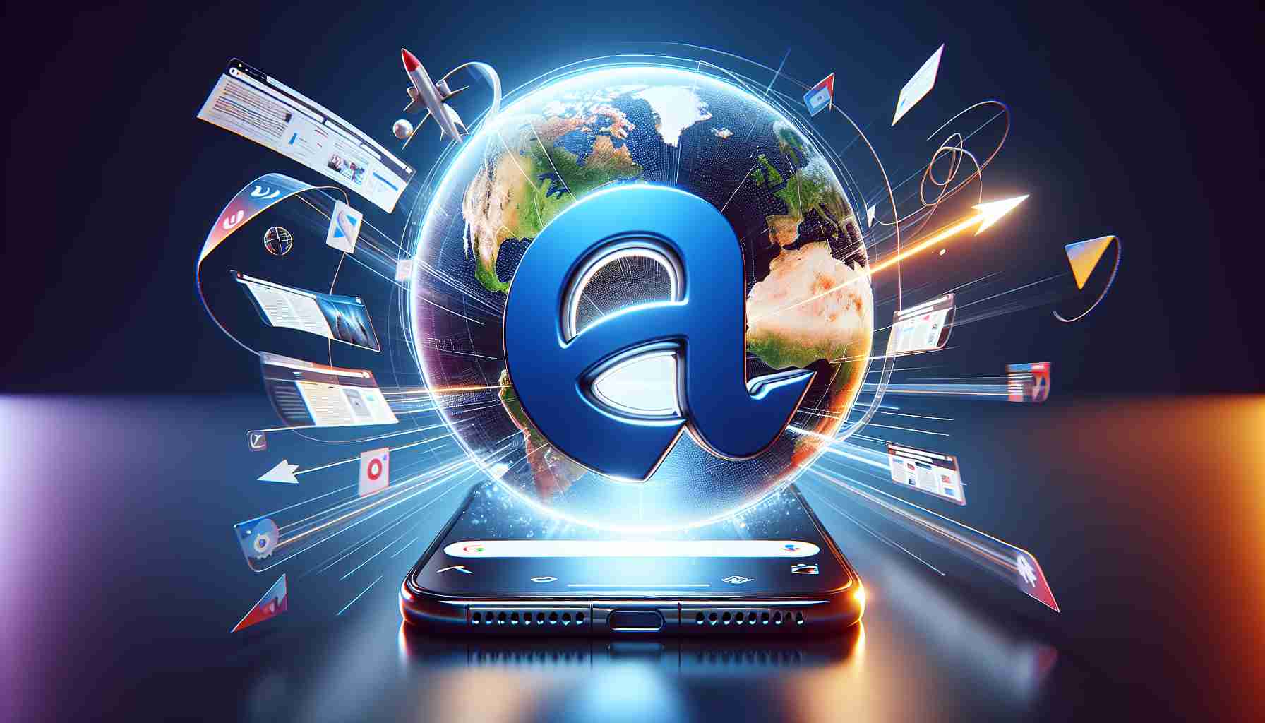 A realistic, high-definition representation of a new mobile browsing application named 'Arc Search' expanding its reach. Show the app logo, possibly a stylized letter 'A' or an arc shape, prominently on a mobile screen. Display snippets of web pages within the app to demonstrate its functionality. To represent its expansion, illustrate globe or map imagery in the background. Add some graphical elements that signify speed, growth, and innovation, like arrows or light streaks, to indicate it's a major contender in the field of mobile browsing.