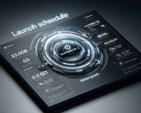 Create a realistic high-definition image showcasing a launch schedule announcement for a new operating system called HyperOS 2 from a fictitious tech company. The image should include a sleek, modern design with elements that reference advanced technology and global reach. In the center, prominently display the brand name and the os name 'HyperOS 2' with a date and time for the global launch.