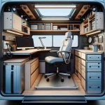 A high-definition, realistic image of a vehicle that has been modified into a practical workspace. The vehicle's interior should be cleverly designed with a compact desk, comfortable chair, and storage units for office supplies. The workspace should reflect innovation and creativity, while ensuring functionality and ease of use. It should also incorporate elements like good lighting, power supply for electronic devices, and maybe a small refreshment area. The image should reveal how a physical vehicle can be ingeniously transformed into a fully-equipped, mobile office.