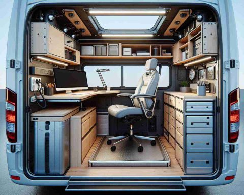 A high-definition, realistic image of a vehicle that has been modified into a practical workspace. The vehicle's interior should be cleverly designed with a compact desk, comfortable chair, and storage units for office supplies. The workspace should reflect innovation and creativity, while ensuring functionality and ease of use. It should also incorporate elements like good lighting, power supply for electronic devices, and maybe a small refreshment area. The image should reveal how a physical vehicle can be ingeniously transformed into a fully-equipped, mobile office.