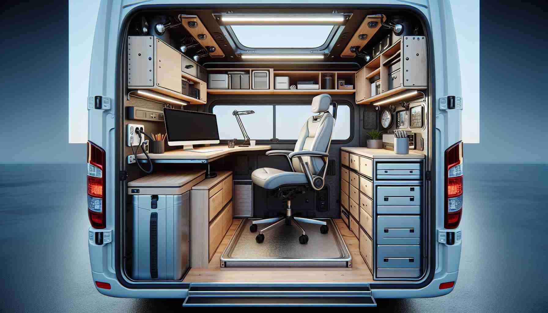 A high-definition, realistic image of a vehicle that has been modified into a practical workspace. The vehicle's interior should be cleverly designed with a compact desk, comfortable chair, and storage units for office supplies. The workspace should reflect innovation and creativity, while ensuring functionality and ease of use. It should also incorporate elements like good lighting, power supply for electronic devices, and maybe a small refreshment area. The image should reveal how a physical vehicle can be ingeniously transformed into a fully-equipped, mobile office.