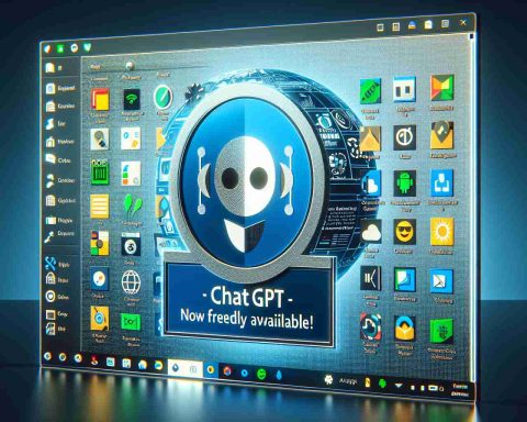 A high definition, realistic image showcasing the logo of an artificial intelligence chat application, labelled as 'ChatGPT', being open in a desktop environment graphic. This desktop environment should strongly resemble the look of a typical Windows operating system user interface, with visual indicators of the operating system's menus, status bar and desktop icons laid out. In the foreground, an application window with the text 'ChatGPT - now freely available!' is prominently displayed, while the background contains various generic application icons and widgets typically found in a Windows environment.