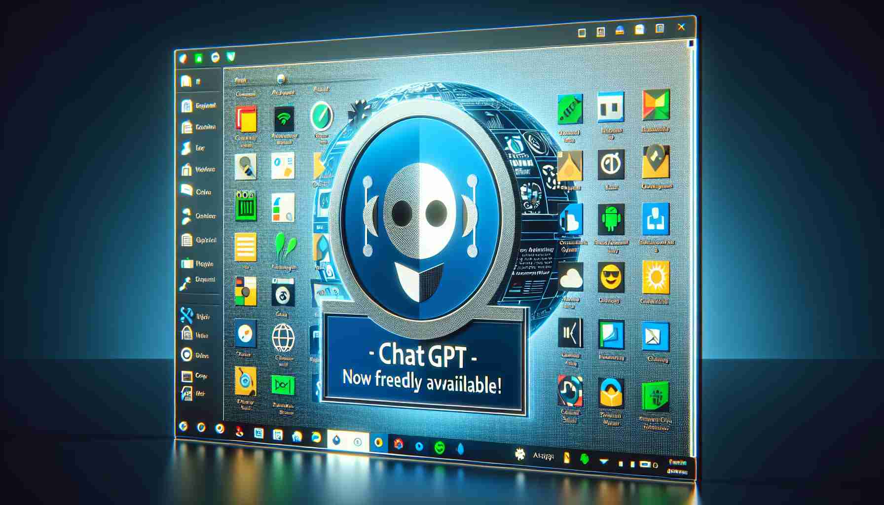 A high definition, realistic image showcasing the logo of an artificial intelligence chat application, labelled as 'ChatGPT', being open in a desktop environment graphic. This desktop environment should strongly resemble the look of a typical Windows operating system user interface, with visual indicators of the operating system's menus, status bar and desktop icons laid out. In the foreground, an application window with the text 'ChatGPT - now freely available!' is prominently displayed, while the background contains various generic application icons and widgets typically found in a Windows environment.