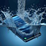 Realistic high-definition photo illustrating the water resistance feature of a latest generation smartphone from an innovative tech company, specifically model number 13. The scene portrays the phone being exposed to water, showcasing its durability and resilience.