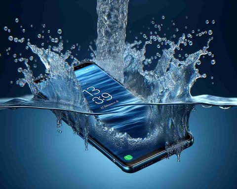 Realistic high-definition photo illustrating the water resistance feature of a latest generation smartphone from an innovative tech company, specifically model number 13. The scene portrays the phone being exposed to water, showcasing its durability and resilience.