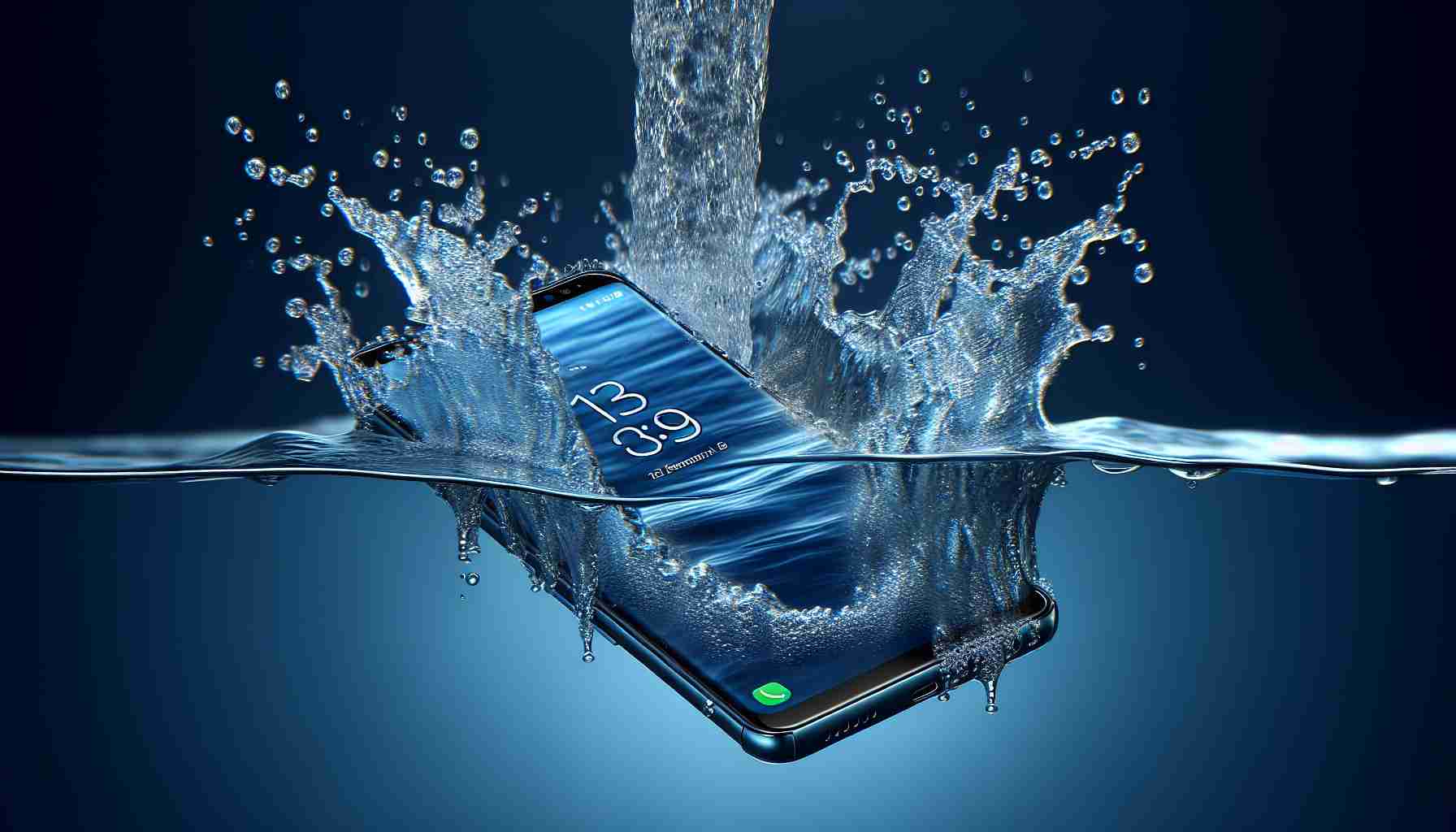 Realistic high-definition photo illustrating the water resistance feature of a latest generation smartphone from an innovative tech company, specifically model number 13. The scene portrays the phone being exposed to water, showcasing its durability and resilience.