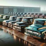 Create a high-definition and realistic image featuring a collection of Mercury pickup trucks, often overshadowed in automobile history. The scene should capture the diversity of models produced over the years, arranged in a line or in a semi-circle. The perspective of the image should allow an accurate comparison of their design features, emphasizing their sturdy build and unique aesthetics. The backdrop should be a wide, empty space, perhaps a large garage or an open field, to keep the focus on the vehicles. Natural light should illuminate the scene, highlighting the polished surfaces and the intricacies of these overlooked automotive gems.