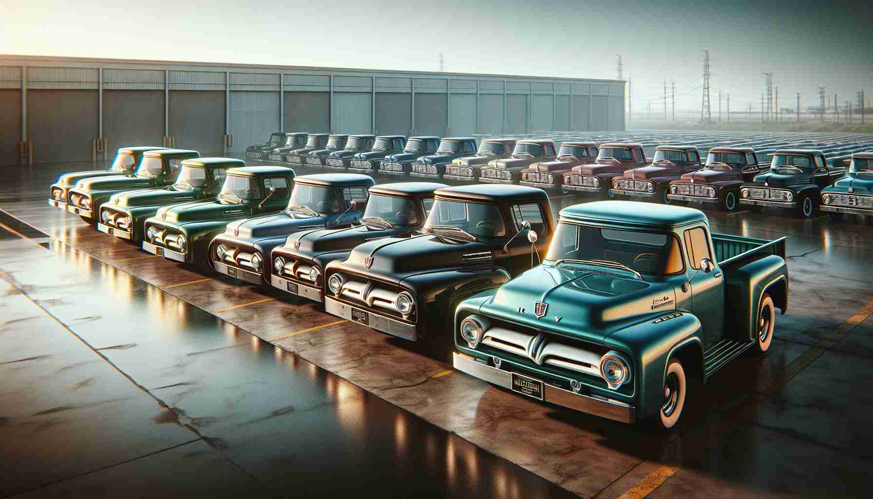 Create a high-definition and realistic image featuring a collection of Mercury pickup trucks, often overshadowed in automobile history. The scene should capture the diversity of models produced over the years, arranged in a line or in a semi-circle. The perspective of the image should allow an accurate comparison of their design features, emphasizing their sturdy build and unique aesthetics. The backdrop should be a wide, empty space, perhaps a large garage or an open field, to keep the focus on the vehicles. Natural light should illuminate the scene, highlighting the polished surfaces and the intricacies of these overlooked automotive gems.