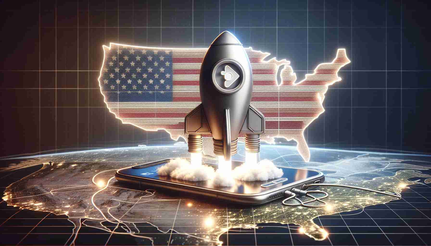 A realistic HD image displaying a metaphorical scene representing the launch of a new generic search engine's mobile application specifically designed for smartphone users in the United States. The scene might include elements like the outlined shape of a mobile phone displaying the interface of the app, a launch button or a rocket ship taking off, with the background showing a map symbolizing the US to represent the geographical restriction of the application's availability.