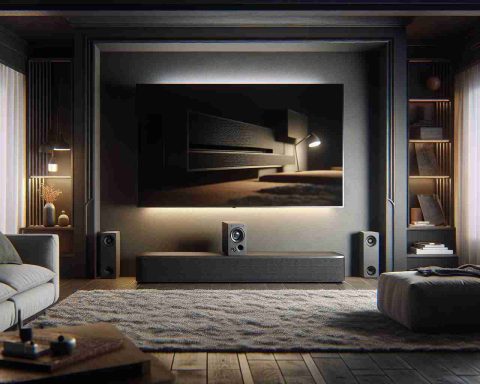 Realistic high-definition image of an upgraded home audio experience featuring a modern soundbar. The soundbar is sleek and compact, elegantly designed with matte black finish. It’s placed centrally below a large, wall-mounted flat-screen TV, representing a harmonious blend of audio and visual technology. Ambient, low-lit lighting sets the scene, ensuring focus on the soundbar. The room's aesthetic is modern and minimalistic, with subtle hints of comfortable furnishings around – a plush couch, a wooden coffee table, and a cozy rug beneath.