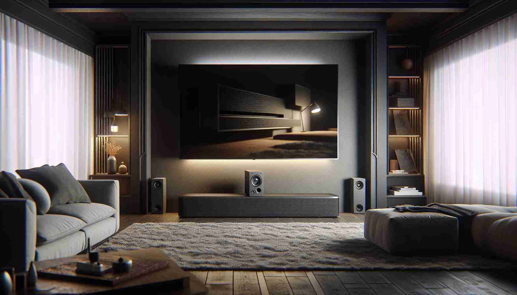 Realistic high-definition image of an upgraded home audio experience featuring a modern soundbar. The soundbar is sleek and compact, elegantly designed with matte black finish. It’s placed centrally below a large, wall-mounted flat-screen TV, representing a harmonious blend of audio and visual technology. Ambient, low-lit lighting sets the scene, ensuring focus on the soundbar. The room's aesthetic is modern and minimalistic, with subtle hints of comfortable furnishings around – a plush couch, a wooden coffee table, and a cozy rug beneath.